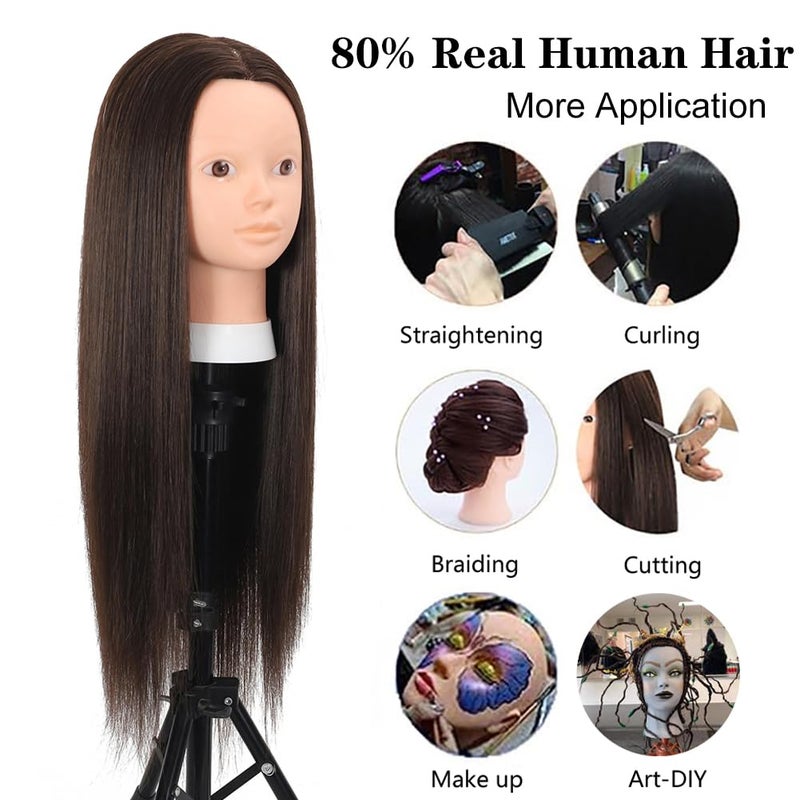 Opini 26 Inch Mannequin Head 80% Real Human Hair Styling Mannequin Doll Head Human Hair for Hairdresser Practice Hair and Makeup With Free Clamp (#4 No Makeup) - Image 4